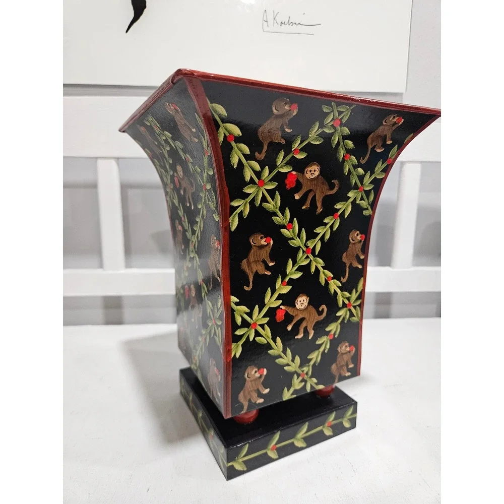 Vintage Toleware Vase or Cachepot Feat. Handpainted Monkeys & Vines